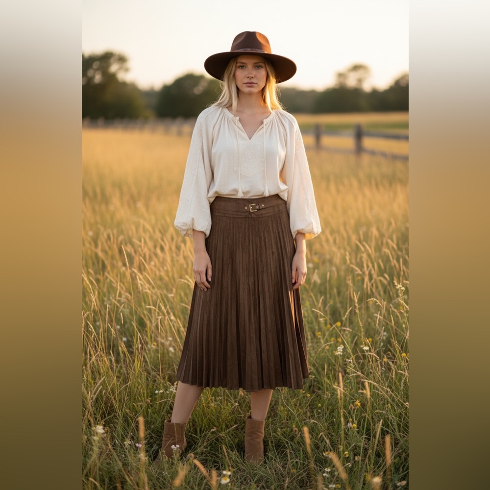 NWT Lafffaire‎ faux suede pleated midi skirt in camel color
